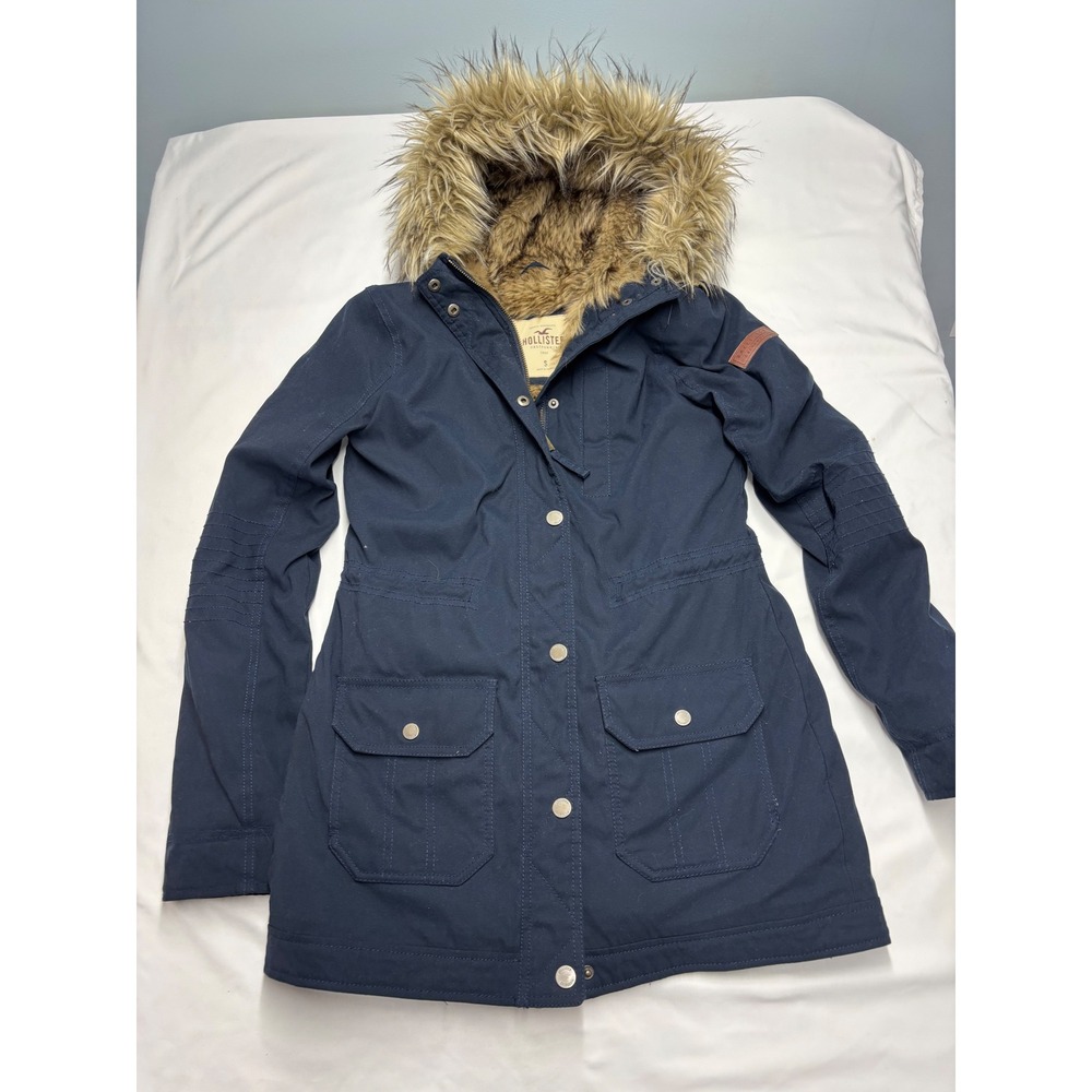 Hollister Navy Blue Faux Fur Lined Hooded Parka Jacket Small Ribbed Sleeves FLAW
